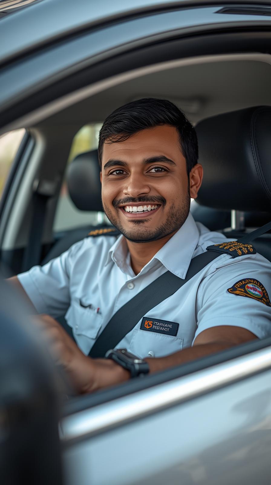 indian driver driving a car with uniform smily face